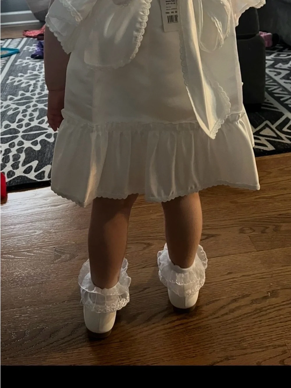 Alessi White Satin Puff-Sleeve Ruffle Hem Girls Dress
